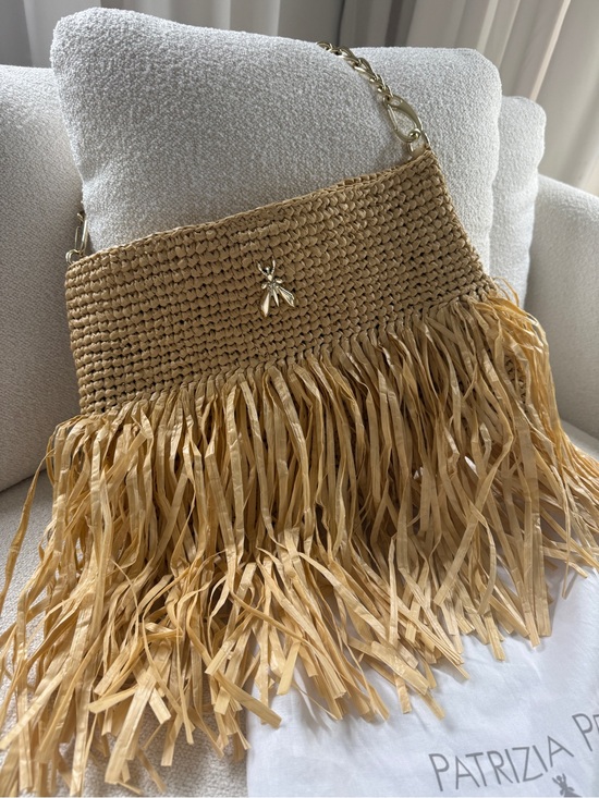 Patrizia Pepe Handbags - Patrizia Pepe Tan Straw Fringe Shoulder Bag with Gold Bee Accent